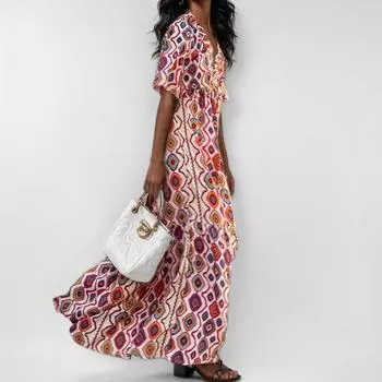 2025 весна новая женская одежда мода принт сексуальное платье с V-образным вырезом на талии S