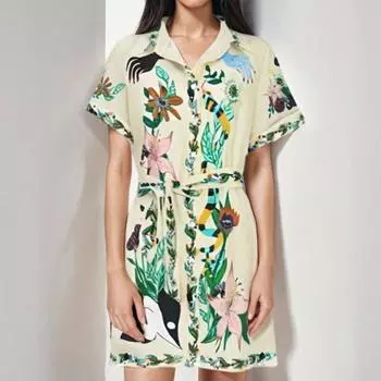 2025 весна новая женская одежда мода принт темперамент лацкан ремень платье с короткими рукавами S белый