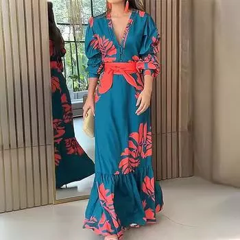 2025 весна новая женская одежда мода темперамент напечатано сто башня длинное платье шнуровка талия платье S