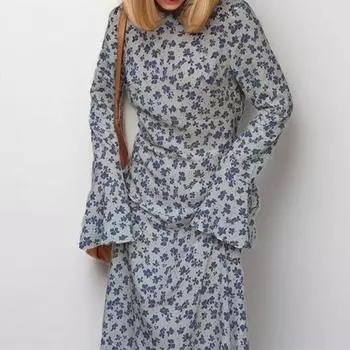 2025 весна новая женская одежда мода темперамент цветочный рог рукав круглый вырез длинное платье свободное повседневное платье S