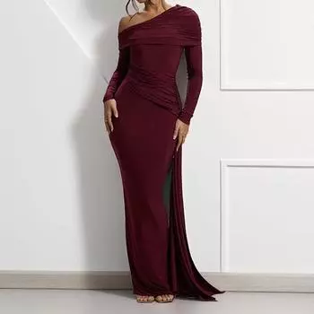 2025 весна новая женская одежда модная и сексуальная косая плечевая лента усаживается плиссированное облегающее платье с запахом на бедрах S чёрный