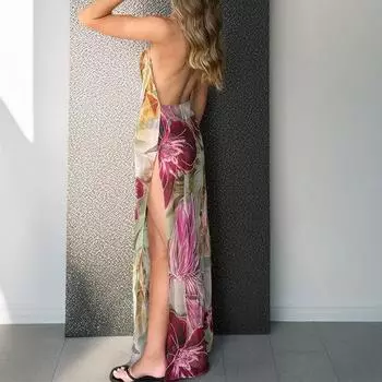 2025 весна новая женская одежда сексуальное платье с лямкой через шею на талии французский разрез S