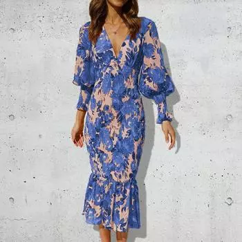 2025 весна новая женская одежда сексуальный V-образный вырез темперамент знаменитость рыбий хвост юбка талия бедра платье S красный