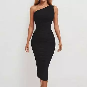 2025 весна новая женская одежда сексуальный темперамент однотонный платье с запахом на плечах и бедрах S синий