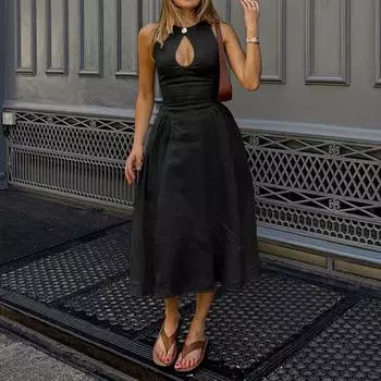 2025 весна новая женская одежда темперамент элегантное без рукавов полое платье с высокой талией однотонное платье S чёрный