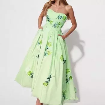 2025 весна новая женская одежда темперамент элегантное платье-маятник с принтом топ-труба с высокой талией платье S розовый