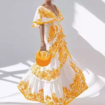 2025 весна новая женская одежда темперамент элегантное печатное платье с V-образным вырезом платье с оборками и маятником S жёлтый