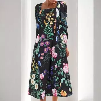 2025 весна новая женская одежда темперамент элегантный принт квадратный воротник большой маятник длинное платье S