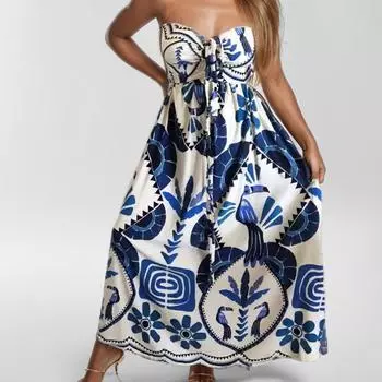 2025 весна новая женская одежда темперамент элегантный принт полые маятниковые шеи ремешок платье S