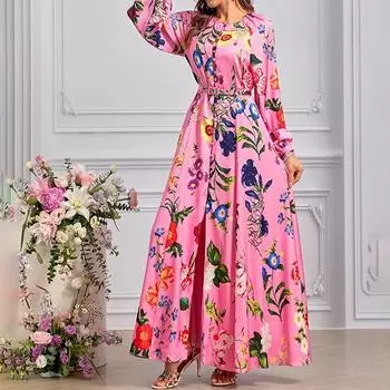 2025 весна новая женская одежда темперамент элегантный принт рукава-фонарики талия разрез маятник платье S розовый