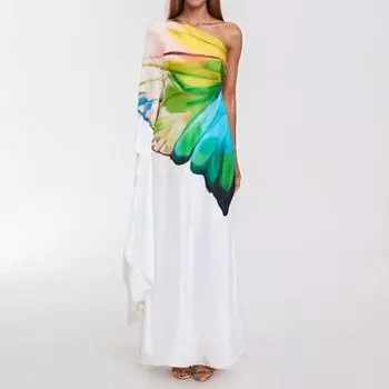 2025 весна новая женская одежда темперамент элегантный принт в греческом стиле одно плечо разрез атласное платье S