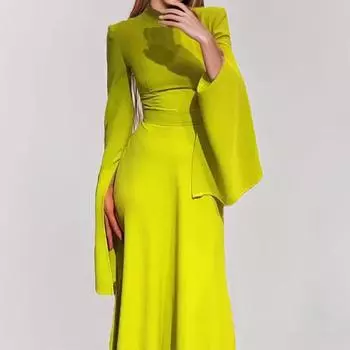 2025 весна новая женская одежда темперамент элегантный рукав лист лотоса полуводолазка дизайн платье S зелёный