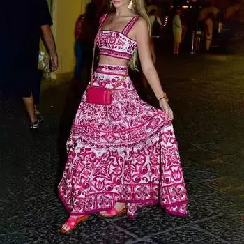 2025 весна новая женская одежда темперамент элегантный принт подтяжки топ юбка комплект S