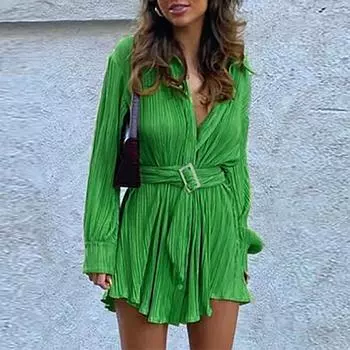 2025 весна новая женская одежда темперамент однотонное свободное платье-рубашка со шнуровкой на талии и лацканами 2XL зелёный