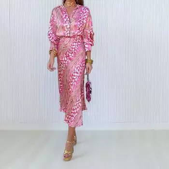 2025 весна новая женская одежда темперамент пригородный V-образный вырез длинный рукав принтованный костюм женщины S зелёный