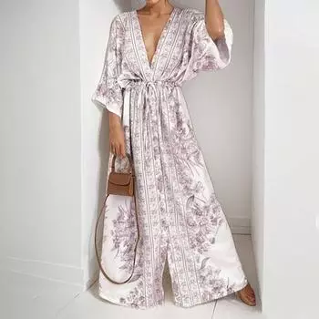 2025 весна новая женская одежда темперамент сексуальное платье с V-образным вырезом и принтом на бретелях большой маятник S синий