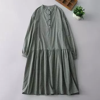 2025 весна новое клетчатое платье ретро повседневное свободное и тонкое платье с воротником-стойкой и длинными рукавами средней и длинной длины M