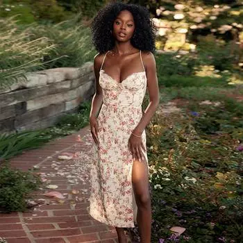 2025 весна новое маленькое цветочное бохо разрезное сексуальное платье на подтяжках для женщин S белый