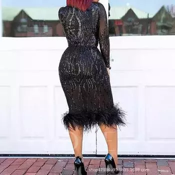 2025 весна новое платье с принтом и воротником-стойкой сексуальное женское платье с пайетками S чёрный