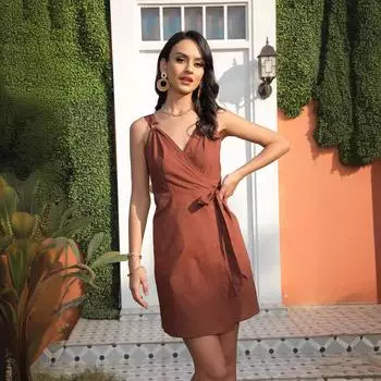 2025 весна новое женское платье мятое на подтяжках на талии шнуровка платье короткая юбка S темно-коричневого