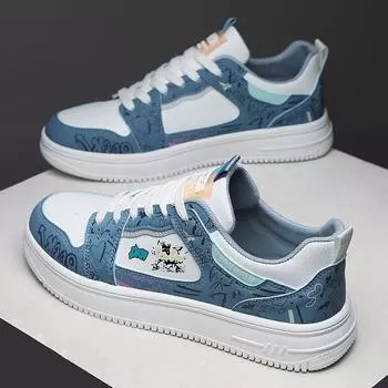 2025 весна новые кожаные мужские туфли граффити гонконгский стиль белые туфли спортивные дышащие удобные повседневные модные туфли для мужчин 39 синий