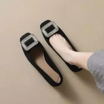 2025 весна новые кожаные туфли со скидкой круглые туфли с неглубоким носком на низком каблуке толстый каблук матовая кожа стразы универсальные повседневные женские туфли 34 чёрный