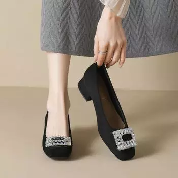 2025 весна новые кожаные туфли со скидкой круглые туфли с неглубоким носком на низком каблуке толстый каблук матовая кожа стразы универсальные повседневные женские туфли 34 чёрный