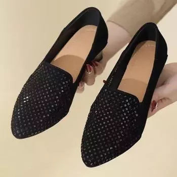 2025 весна новые мягкие кожаные антибархатные кожаные туфли с бриллиантами круглые носки мягкие кожаные туфли на среднем толстом каблуке с глубоким вырезом 35