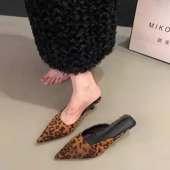 2025 весна новые полутапочки с сумкой на голову женские универсальные туфли на толстом каблуке с леопардовым принтом ленивые заостренные туфли с неглубоким носком модные женские 34 чёрный