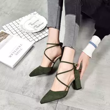 2025 весна новые ремни с пряжкой в одно слово одинарные туфли европейские и американские остроносые толстые каблуки перекрестные ремешки высокие каблуки сексуальные женские туфли 34 чёрный