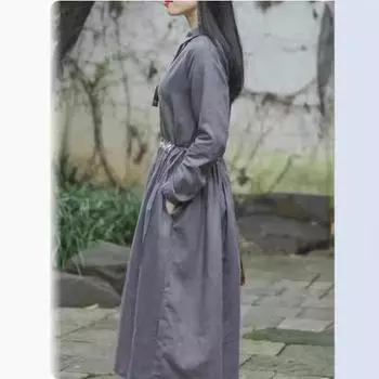 2025 весна новый льняной ретро талия тонкий темперамент вышивка длиной до колена с длинным рукавом хлопковое и льняное платье для женщин M серый