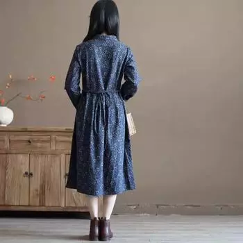 2025 весна новый ретро-принт кукольный воротник Mori среднее и длинное платье с длинными рукавами и цветочным принтом из хлопка и льна для женщин M темно-синий