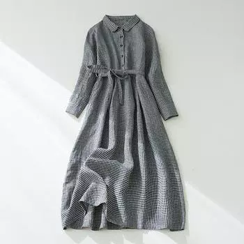 2025 весна новый ретро свободный модный клетчатый хлопок и лен платье женское поло воротник тонкая талия рубашка юбка M