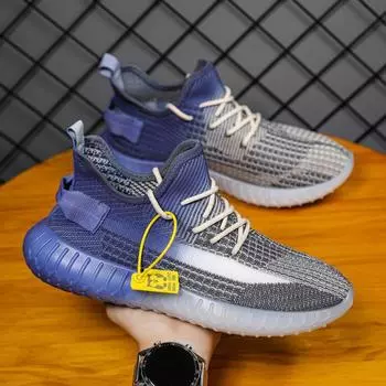 2025 весна новый тренд постепенное изменение попкорн мужская обувь спортивная обувь мужская дышащая тонкая мода летающая тканая повседневная обувь 39 серо голубой