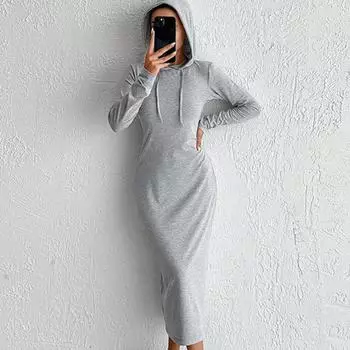 2025 весна однотонное длинное платье с капюшоном и длинными рукавами макси-платье женская мода элегантное облегающее эластичное тонкое прямое серое трикотажное платье vestidos S