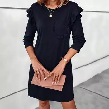 2025 весна однотонное расклешенное черное мини-платье А-силуэта для женщин повседневное свободное прямое эластичное хлопковое платье S темно-синий