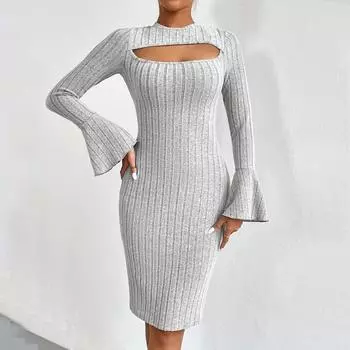 2025 весна однотонное расклешенное сексуальное ажурное платье длиной до колена для женщин повседневное облегающее прямое эластичное трикотажное платье S