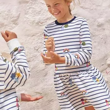 2025 весна осень 100% хлопок полосатый повседневное платье для девочки длинный рукав свободная юбка милый радужный принт платья для девочек детская одежда 2Y