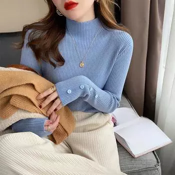 2025 весна осень базовый джемпер топы женские ребристые мягкие с воротником-стойкой эластичные пуловеры однотонные пуговицы тонкие джемперы свитера One Size