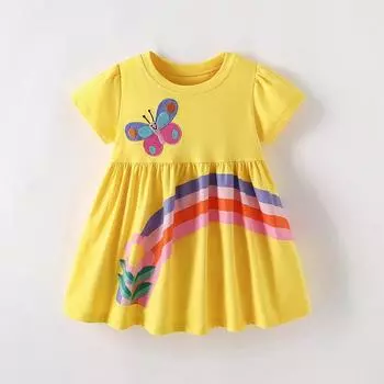 2025 весна осень чистый хлопок бабочка вышивка платье принцессы для девочки короткий рукав свободная юбка милые желтые платья для девочек детская одежда 3Y