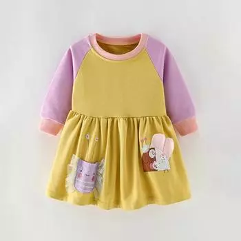 2025 весна осень чистый хлопок мультфильм вышитое платье для девочки длинный рукав юбка милые девушки цветные блоки толстовки платья детская одежда 2Y