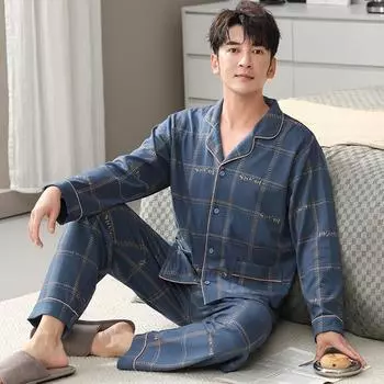 2025 весна осень чистый хлопок мужской пижамный комплект синий клетчатый с длинными рукавами брюки кардиган пижама для мужчин повседневная свободная одежда для сна домашний костюм L