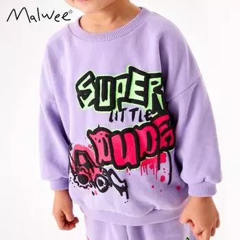 2025 весна осень чистый хлопок толстовка с капюшоном с буквенным принтом для девочек и мальчиков пуловер детская одежда футболки с длинным рукавом для мальчиков фиолетовые топы толстовки 2Y