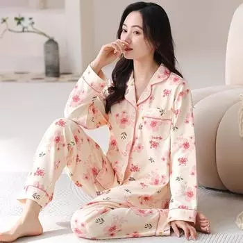 2025 весна осень цветочный принт хлопковые пижамы комплекты для женщин длинный рукав и длинные брюки кардиган пижамы уютная пижама мягкая домашняя одежда M