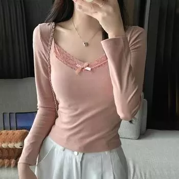2025 весна осень длинный рукав V-образный вырез повседневная однотонная тонкая футболка harajuku розовая кружевная сращивание женская футболка женская y2k верхняя одежда S