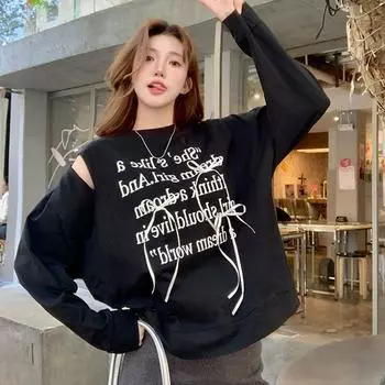 2025 весна осень Harajuku чистый хлопок с принтом букв и бантом толстовки женские элегантный стиль повседневные универсальные пуловеры свободные тонкие толстовки уличная одежда S серый