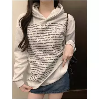 2025 весна осень Harajuku чистый хлопок с буквенным принтом толстовки женские элегантный стиль повседневные универсальные пуловеры с капюшоном свободные тонкие толстовки уличная одежда S чёрный