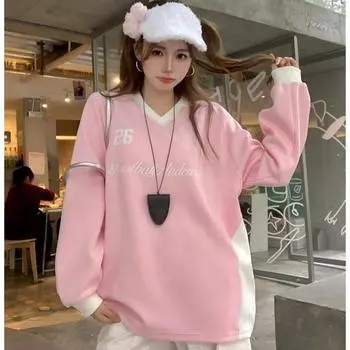 2025 весна осень Harajuku чистый хлопок с буквенным принтом толстовки женские элегантный стиль повседневные универсальные пуловеры свободные тонкие толстовки уличная одежда S розовый