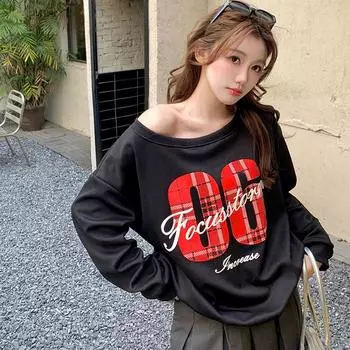 2025 весна осень Harajuku хлопковый принт с капюшоном Женские толстовки в стиле преппи Скошенный воротник Повседневные универсальные пуловеры Свободные тонкие толстовки Уличная одежда S серый