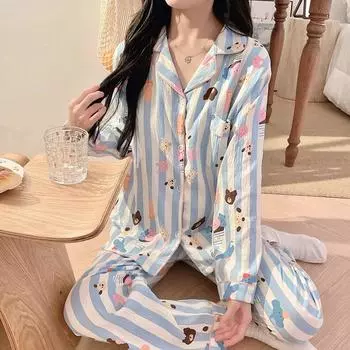 2025 весна осень милый мультяшный медведь полосатый пижамный комплект для женщин длинный рукав и длинные брюки кардиган пижамы уютная пижама мягкая домашняя одежда M